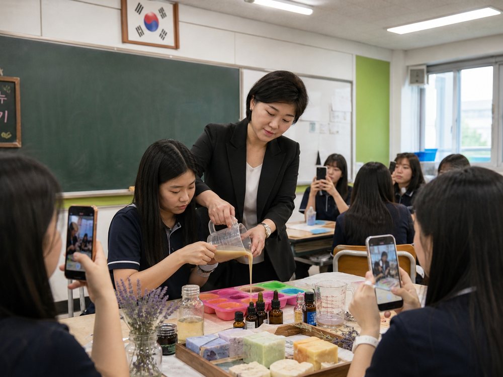 중고등학생 대상 천연비누 만들기 수업에서 강사가 옆에서 도와주는 모습