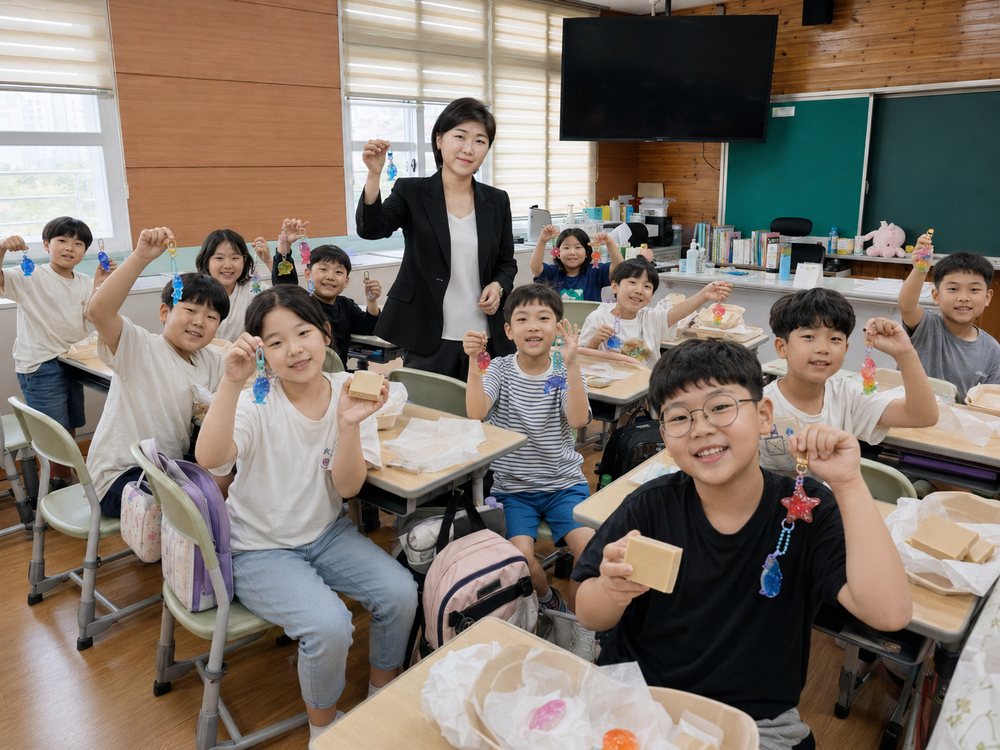초등학교 교실에서 완성한 비누와 키링을 들어 보이는 아이들